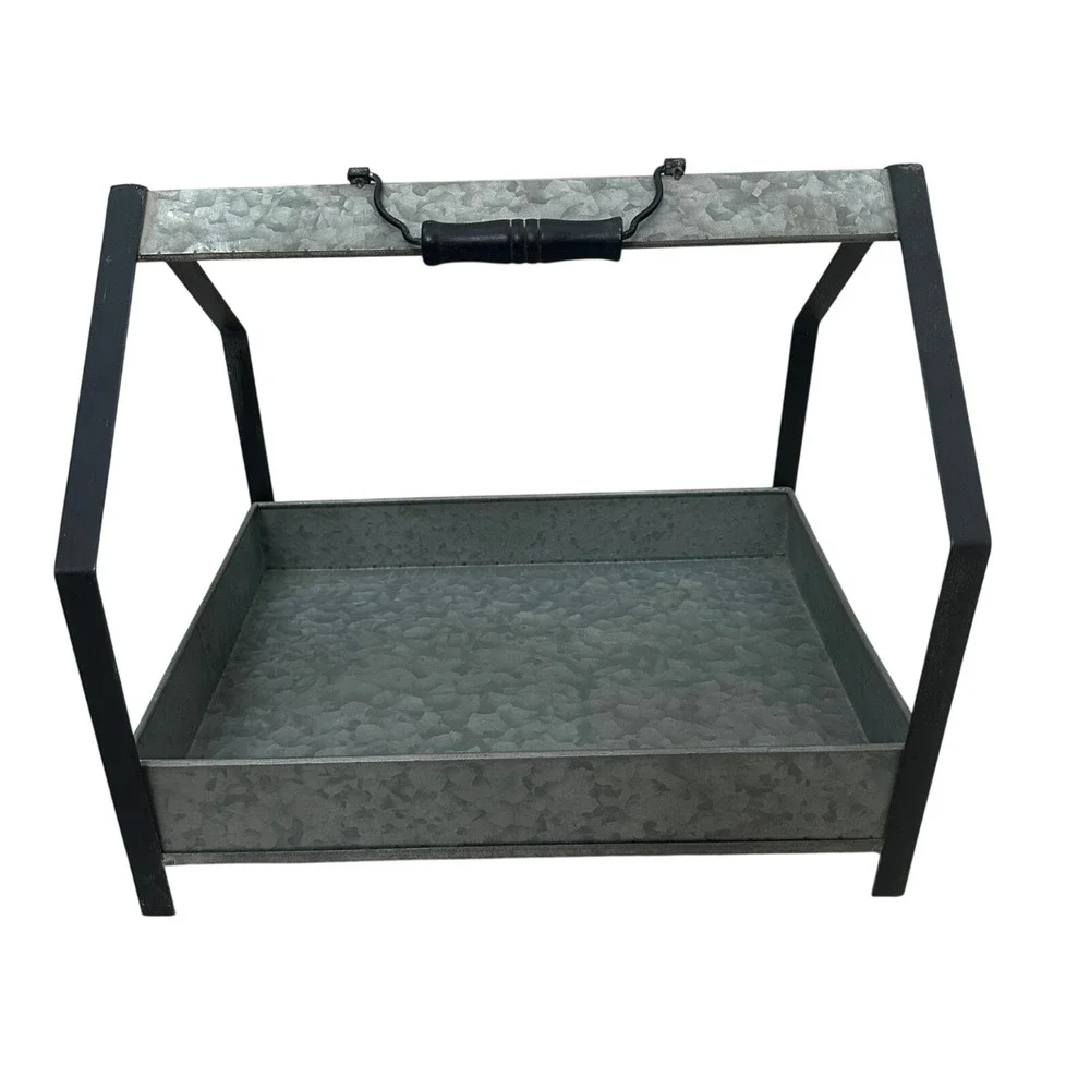 Galvanized Metal Caddy Rustic Farmhouse Industrial Storage Tray Black Frame 16in